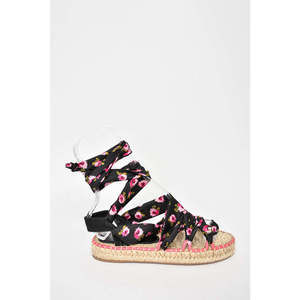 Prada Black/Pink Floral Satin Tie Up Espadrille Sandals Size 37.5